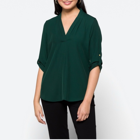 Calvin Klein Tops - NEW Calvin Klein • V-Neck Roll Sleeve Inverted Pleat Blouse,Emerald Green, Small
